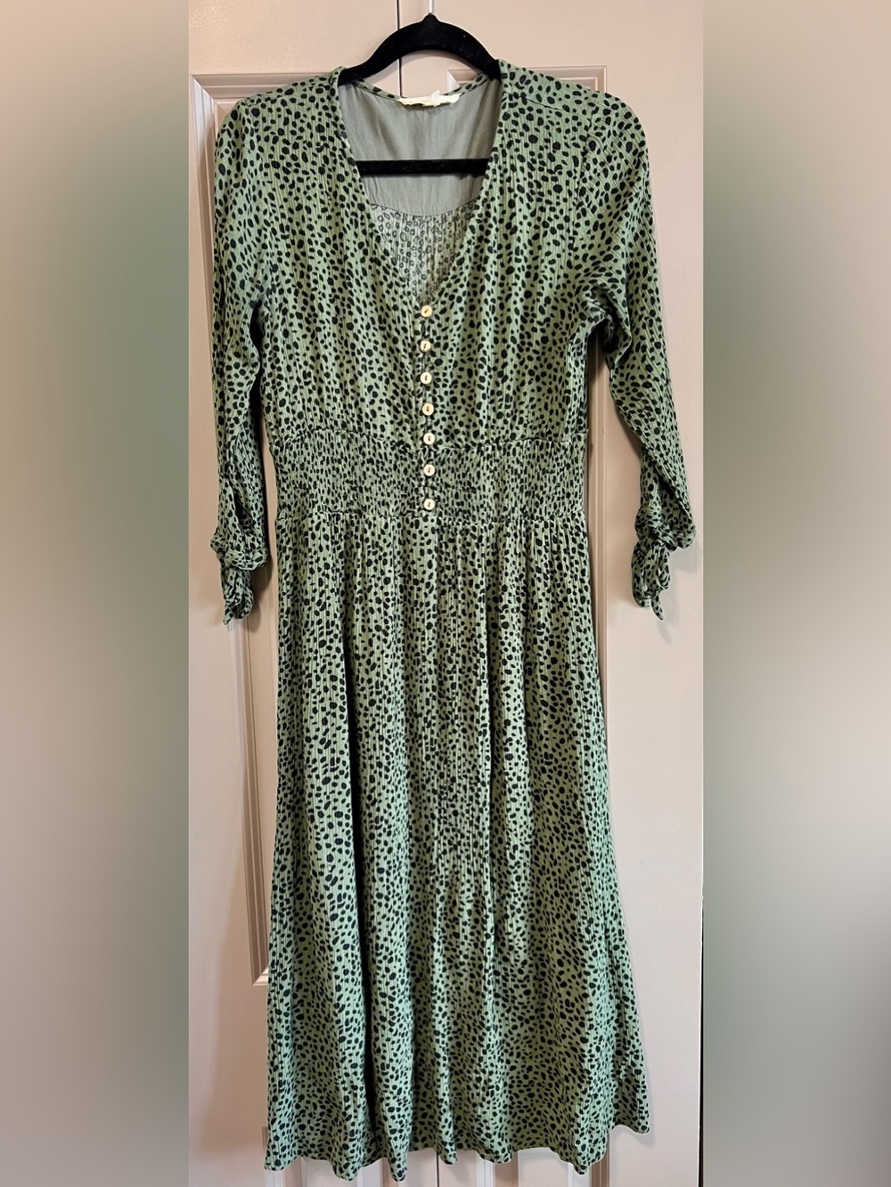 Reborn Sage Green Animal Print Button Front Maxi Dress | Small